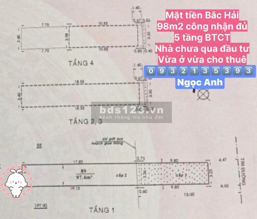 Chỉ 130triệu/m2 có Mặt tiền đối diện cư xá Bắc Hải, diện tích sử dụng 98m2, 5 Tầng BTCT
