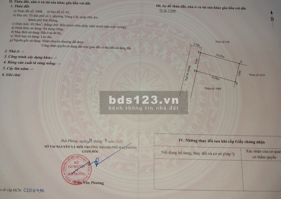 Bán lô đất ngõ Cát Linh, Tràng Cát, Hải An diện tích sử dụng 49m2 giá 930 triệu sổ sẵn