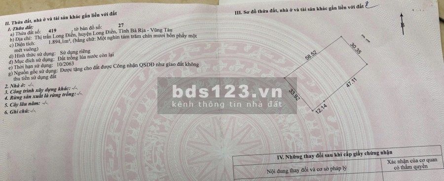 Chính chủ bán gấp lô 30x60 mặt tiền Tỉnh Lộ. 44A, huyện Long Diền, lh 0903859272 (Tìm môi giới)