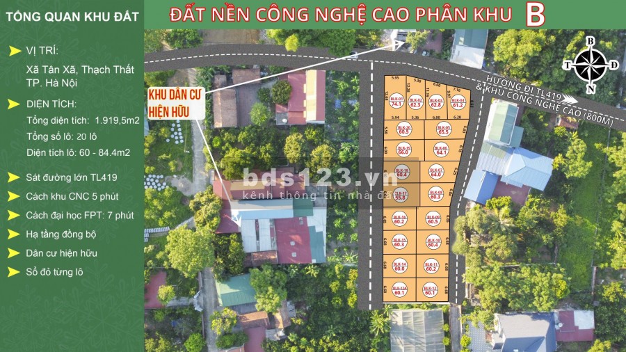 Đất nền Công Nghệ Cao - Tân Xã Hòa Lạc pháp lý an toàn tuyệt đối, sổ đỏ từng lô và full thổ cư