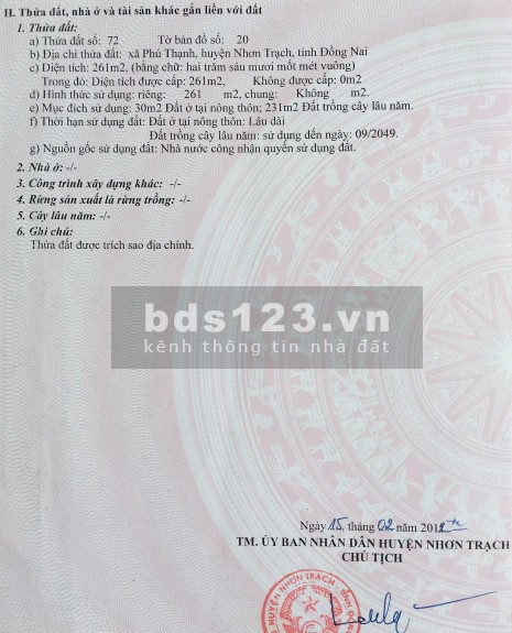 Đất Nhơn Trạch diện tích sử dụng 261m2 gần đường Lý Thái Tổ, xã Phú Thạnh