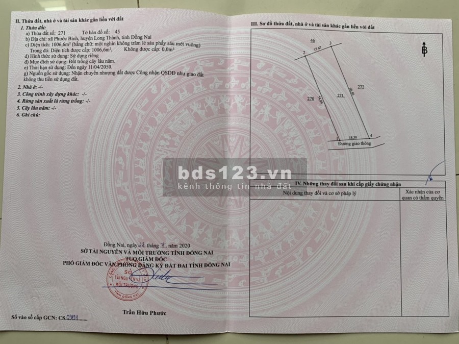Bán lô diện tích 1007m2 đất xã Phước Bình, vị trí đẹp tiện đầu tư nhà vườn lh 0349854941