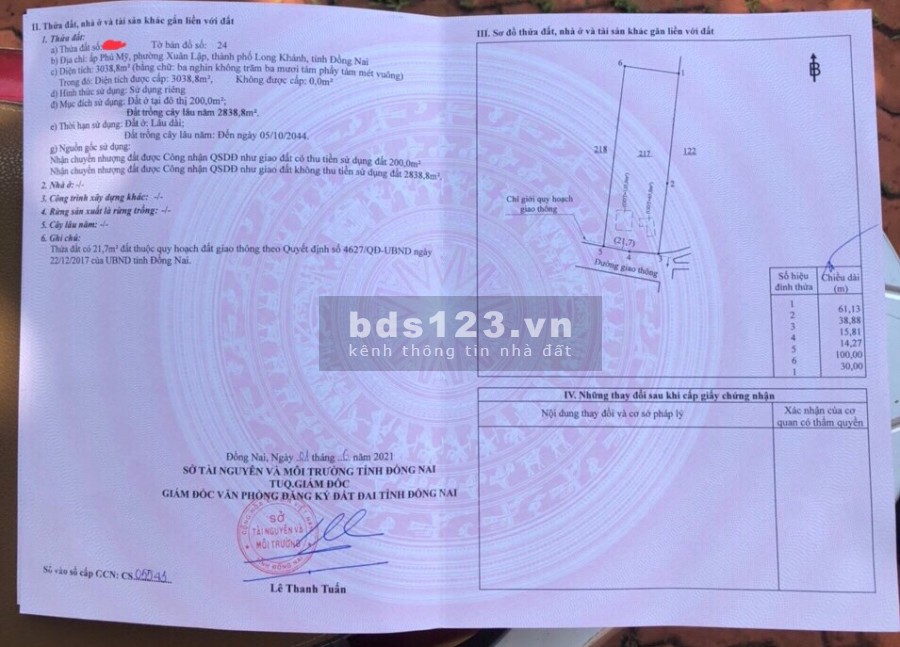Bán gấp lô đất diện tích 3.038m2 ngay thành phố Long Khánh gía bán 1.8 tỷ/1000m2