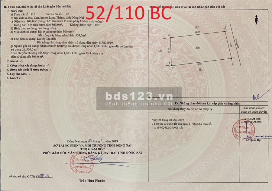 Bán đất xã bàu cạn long thành 809m có 300m thổ cư, sổ hồng riêng giá còn thương lượng