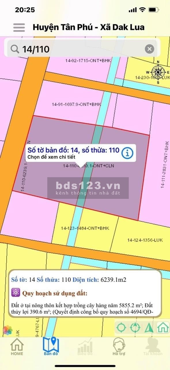 Đất mặt tiền ngang 60m diện tích 6239m2 có thổ cư Tân Phú Đồng Nai giá chỉ 321tr/1000m2