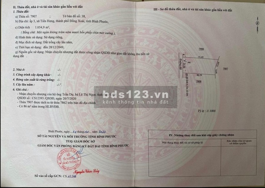 Chính chủ gởi bán lô đất thành phô Đồng Xoài ngay sau khu công nghiệp Bắc Đồng Phú
