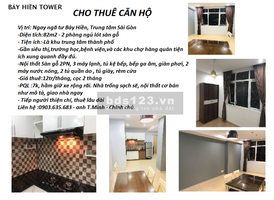 Cho thuê gấp: Căn hộ Bảy hiền Tower, 2PN, diện tích 82 m2 đầy đủ nội thất, còn mới, view thoáng