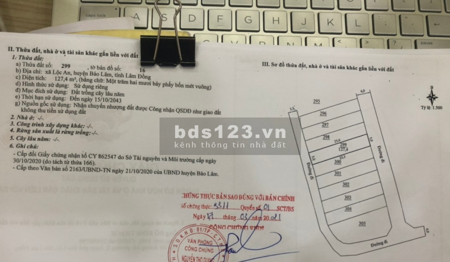 Bán lô đất 2 mặt tiền diện tích sử dụng 250m2 thổ cư 200m. Chợ Củ Lộc An - Bảo Lộc