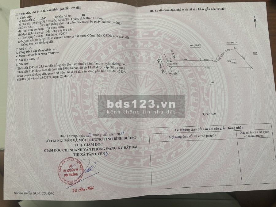 Đất nền thị xã Tân Uyên, kế bên thành phố mới Bình Dương diện tích sử dụng 370m2 giá 1,3 tỷ