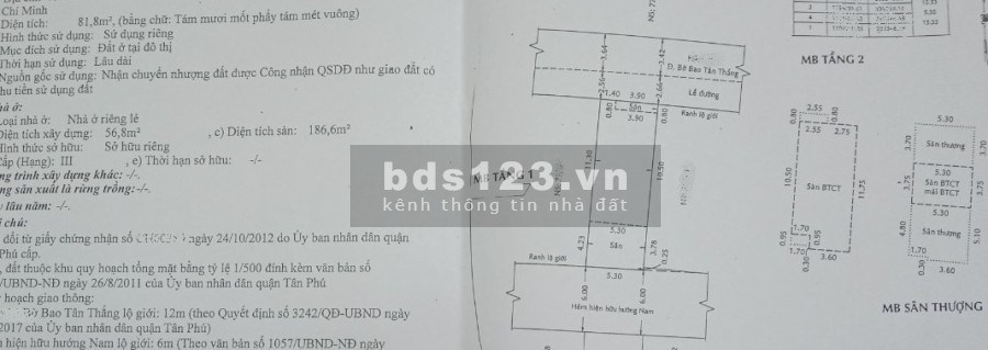 TÂN PHÚ, BỜ BAO TÂN THẮNG, NHÀ 2MT 5.3x15.3m, CHỈ 8.2 TỶ