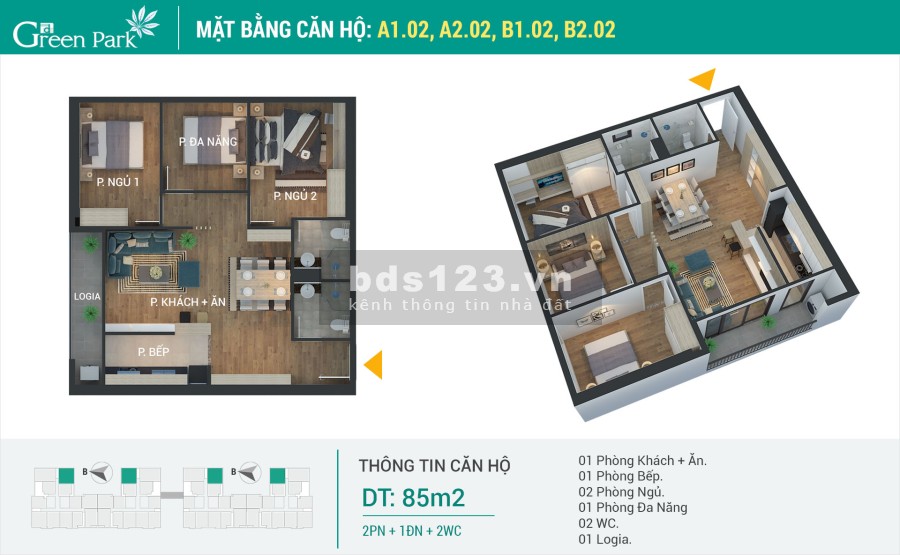 Bán gấp căn hộ 3 phòng ngủ 85m2 toà A1 tầng cao tại Phương Đông Green Park