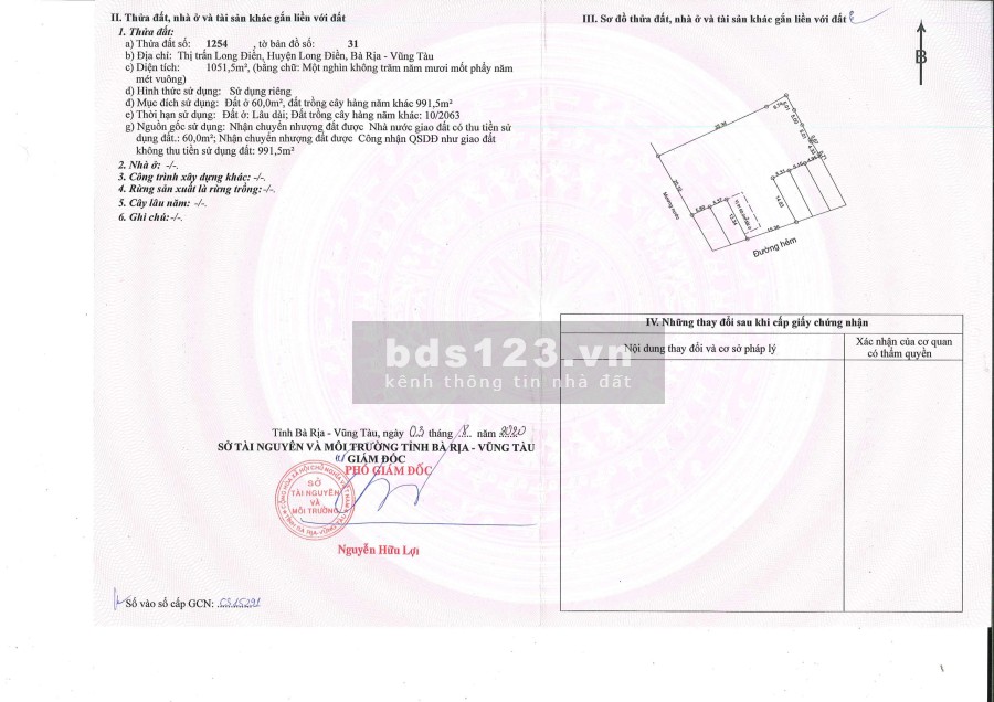 Chính chủ bán nhanh 987m2 đất nền Tỉnh lộ 44A Thị trấn Long Điền 6 tỷ 0906231863
