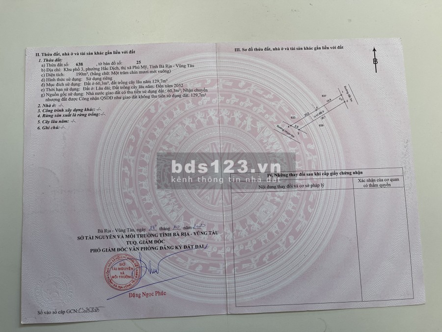 Đất đẹp 2 mặt tiền khu phô Hắc Dịch dtsd 175m2, thị xã Phú Mỹ Bà Rịa liên hệ 0902514989