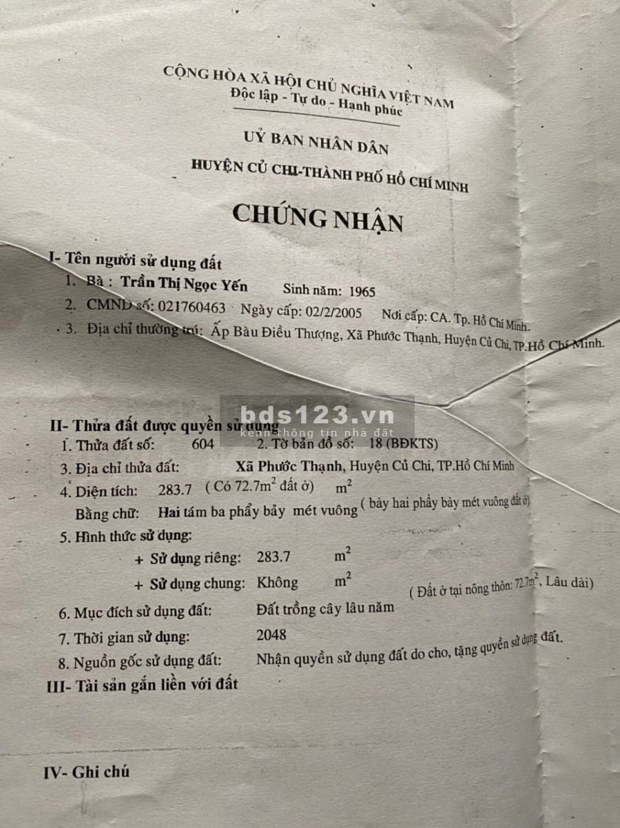 Bán nhà mặt tiền gần ngã tư phước thạnh củ chi