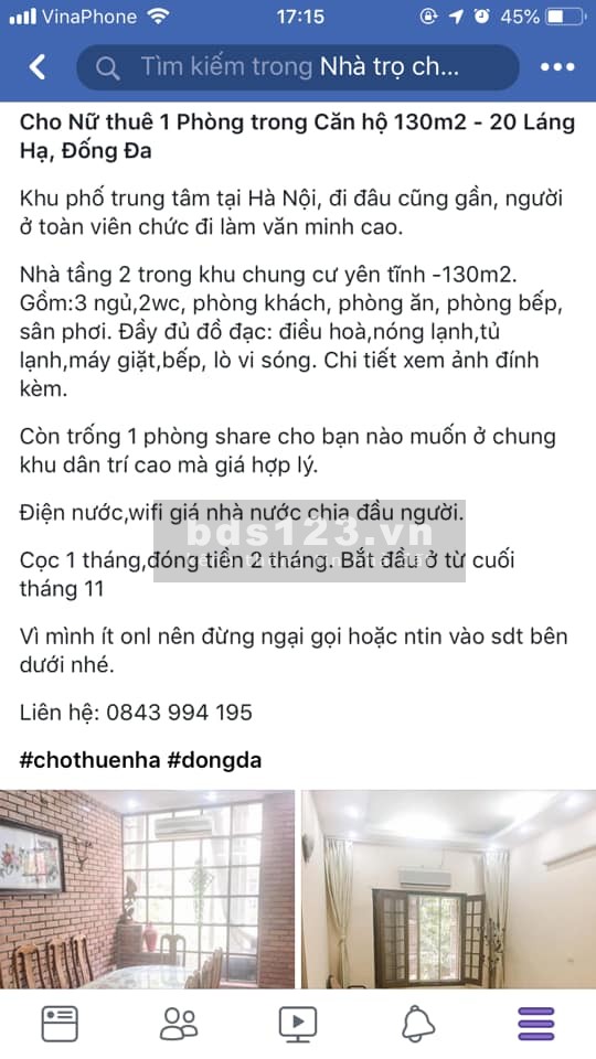 Cho Nữ thuê 1 Phòng trong Căn hộ 130m2 - 20 Láng Hạ, Đống Đa, đối diện rạp Quốc Gia