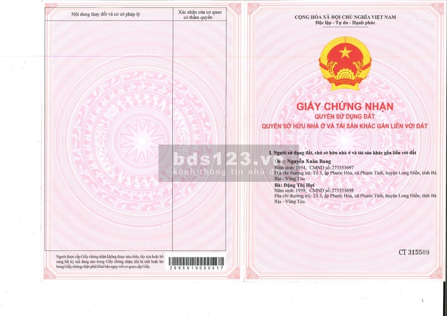 Bán lô đất nền Bà Rịa, mặt tiền đường Tỉnh Lộ 44A, dtsd 101m2, giá 1.781 tỷ, lh O9O6231863