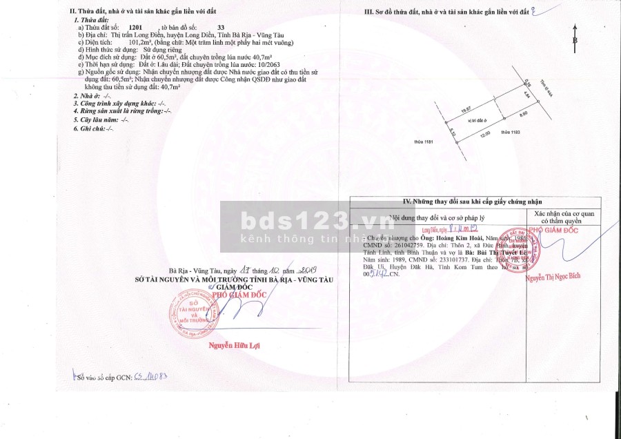 Bán lô đất nền Bà Rịa, mặt tiền đường Tỉnh Lộ 44A, dtsd 101m2, giá 1.781 tỷ, lh O9O6231863