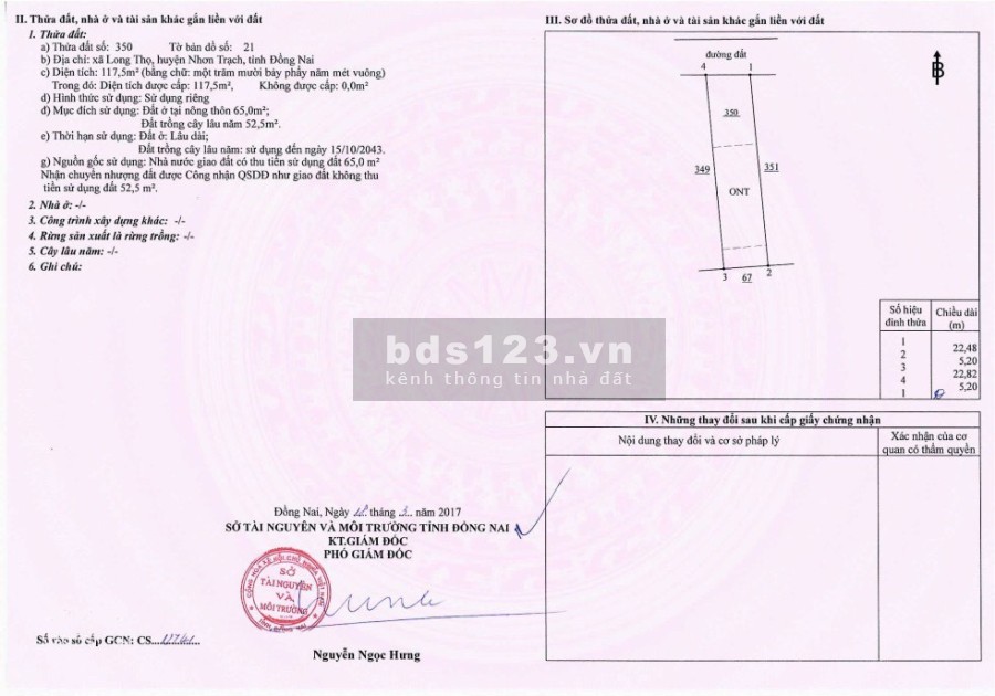 Đất Nhơn Trạch 117m2 2 lô đẹp đường oto, xã Long Thọ