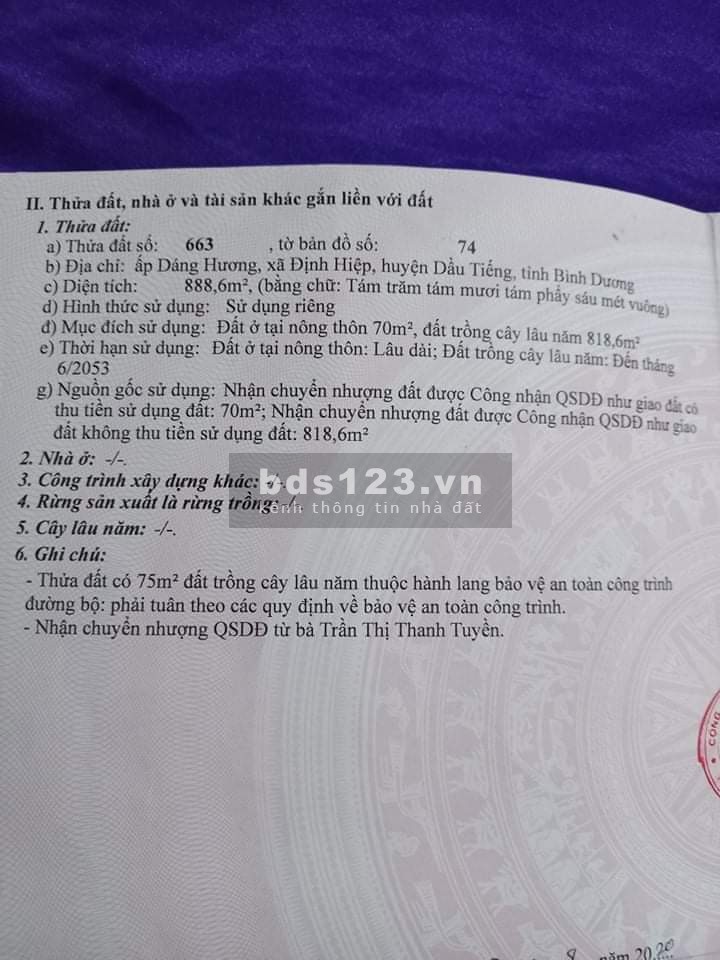 Đất nền Định Hiệp, Dầu Tiếng diện tích sử dụng 888m2, giá bán 1 tỷ 950 liên hệ 0348930028