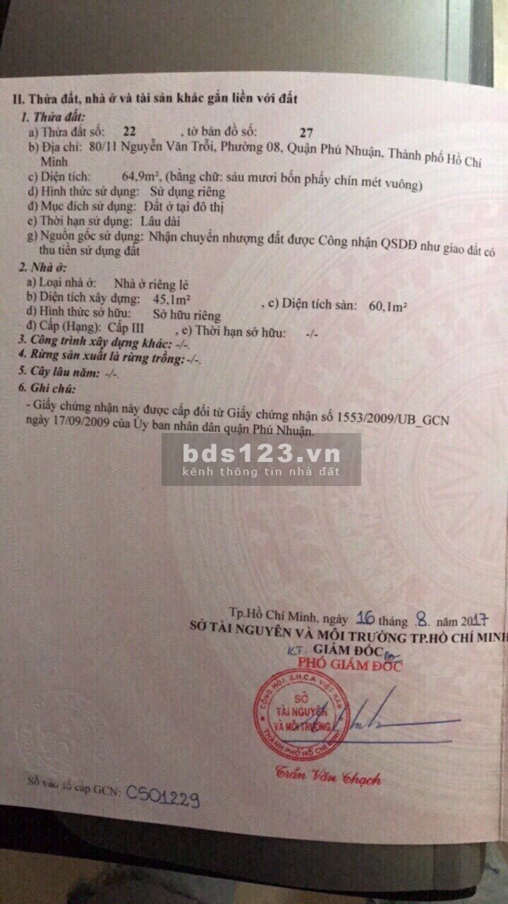 Cần tiền bán gấp lô đất góc 2MT hẻm 2m đường Nguyễn Văn Trỗi, P.8, Q.Phú Nhuận.