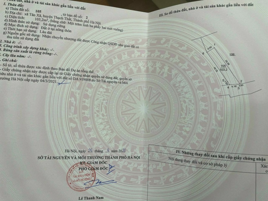 Chính chủ nhờ bán lô diện tích sử dụng 103m2 Thôn Tân Xã Thạch Thất vị trí đắc địa