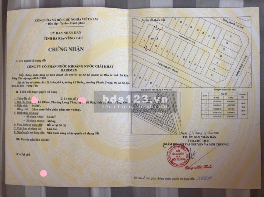 Cần bán lô đất thổ cư trung tâm thành phố Bà Rịa liện hệ 0985994314 giá bán 2.28 tỷ