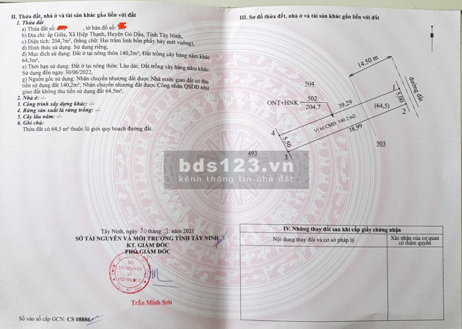 Bán đất DT 5m X 39m, Thổ Cư, Ngay Khu Công Nghiệp Hiêp Thạnh, Gò Dầu Giá Chỉ 375 Triệu