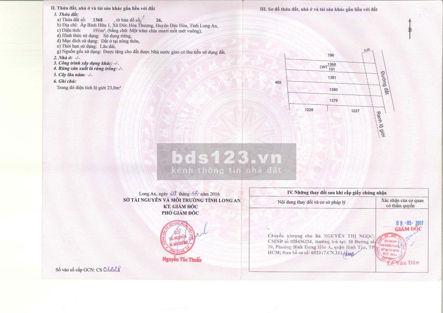 Chính chủ cần bán lô đất nền thổ cư diện tích sử dụng 191m2 (5x38,2m), sổ hồng riêng
