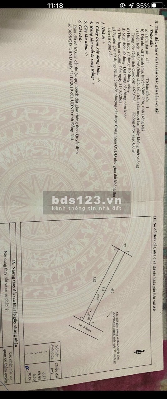 Bán đất mặt tiền Hương lộ 6 Thạnh Phú Vĩnh Cửu giá bán 5.5 triệu/m2, phấp lý đầy đủ