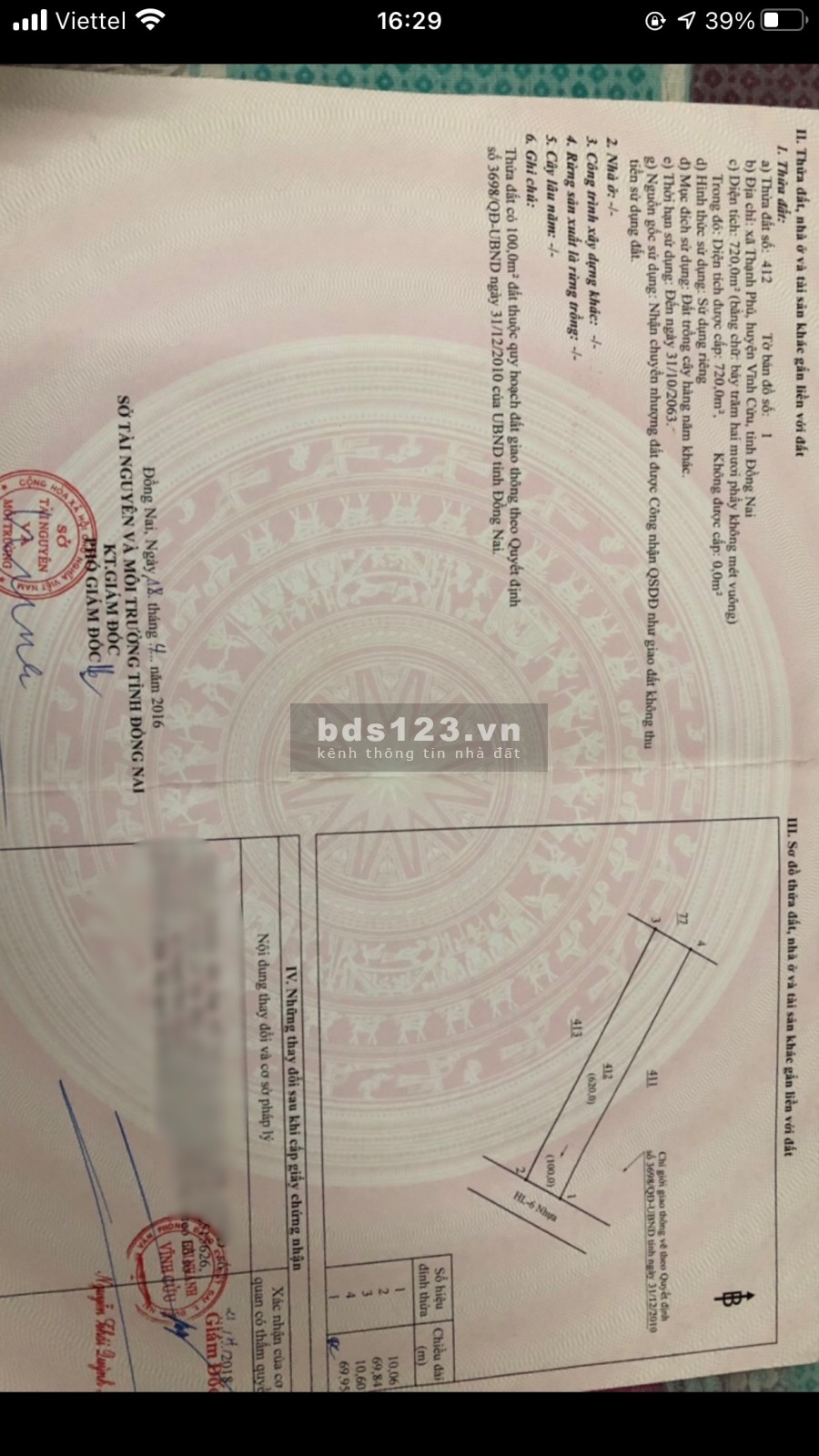 Bán đất mặt tiền Hương lộ 6 Thạnh Phú Vĩnh Cửu giá bán 5.5 triệu/m2, phấp lý đầy đủ
