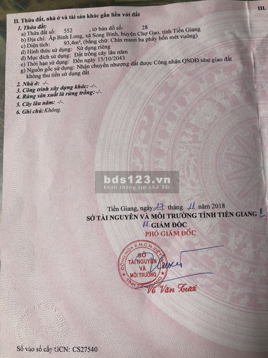 Đất full thổ Lộ Vàm, Song Bình, Chợ Gạo, Tiền Giang, diện tích sử dụng 190m2 giá 970 triệu