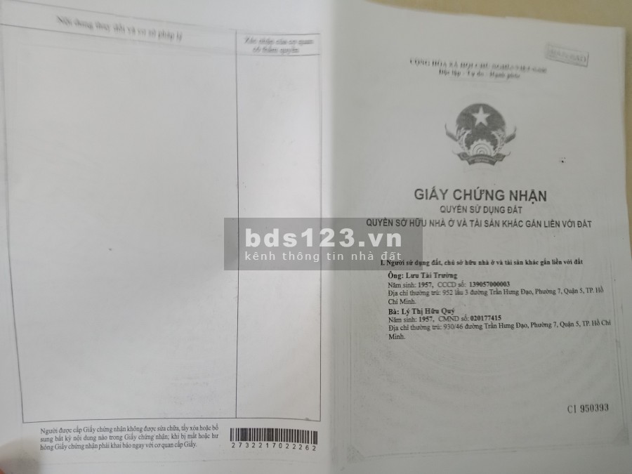 Tôi chính chủ bán nhà hẻm 3m 930/46 Trần Hưng Đạo P7 Quận 5. Hoa hồng MG giá 4.2 tỷ