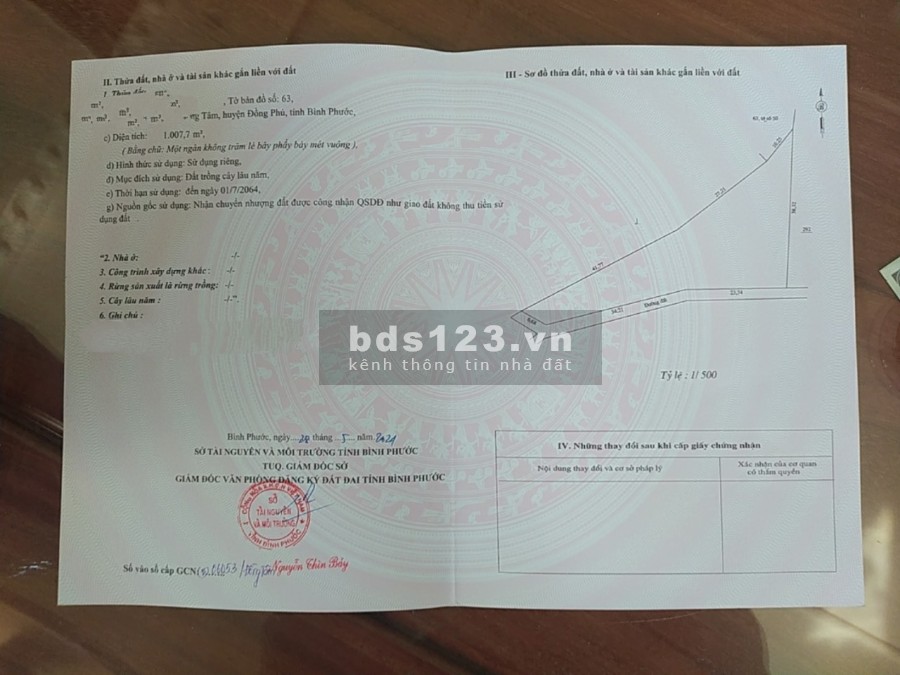 Đất sào khu dân cư Đồng Phú Bình Phước diện tích sử dụng 1000m2 giá bán 580 triệu