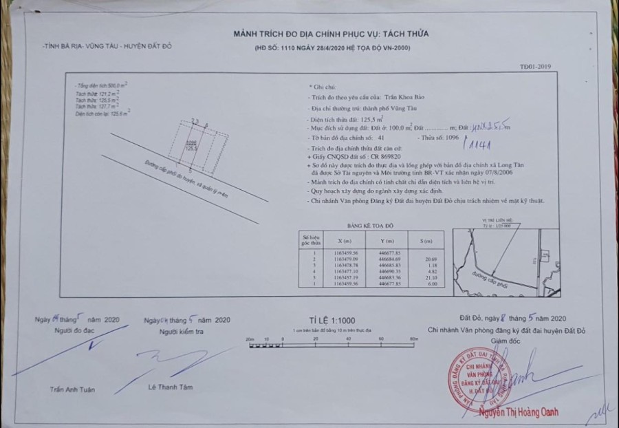 Chính chủ bán lô đất (6x21m) 125m2 xã Long Tân - Đất Đỏ. Có 100m2 TC. Chỉ 850Tr, Sổ Riêng sang tên.