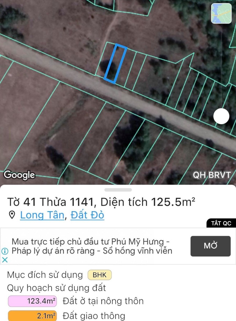 Chính chủ bán lô đất (6x21m) 125m2 xã Long Tân - Đất Đỏ. Có 100m2 TC. Chỉ 850Tr, Sổ Riêng sang tên.