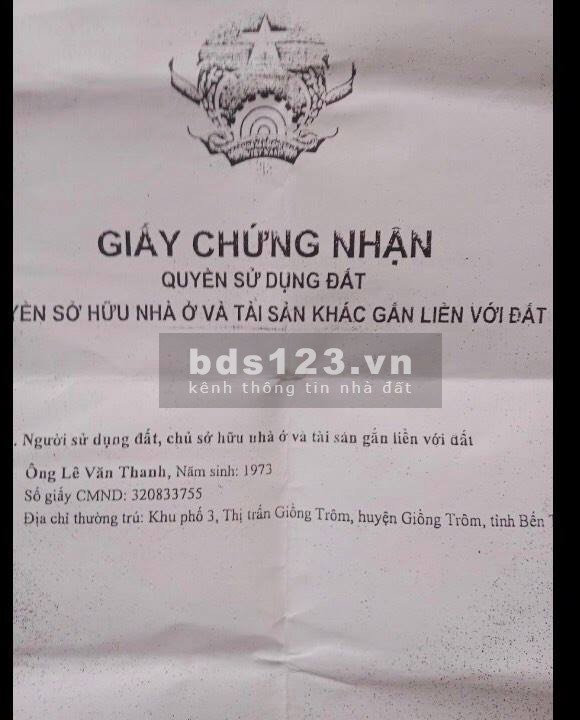 Bán đất thổ cư 455,8m2 giá 5tr/m2 Mặt tiền công viên văn hóa huyện Giồng Trôm, Bến Tre