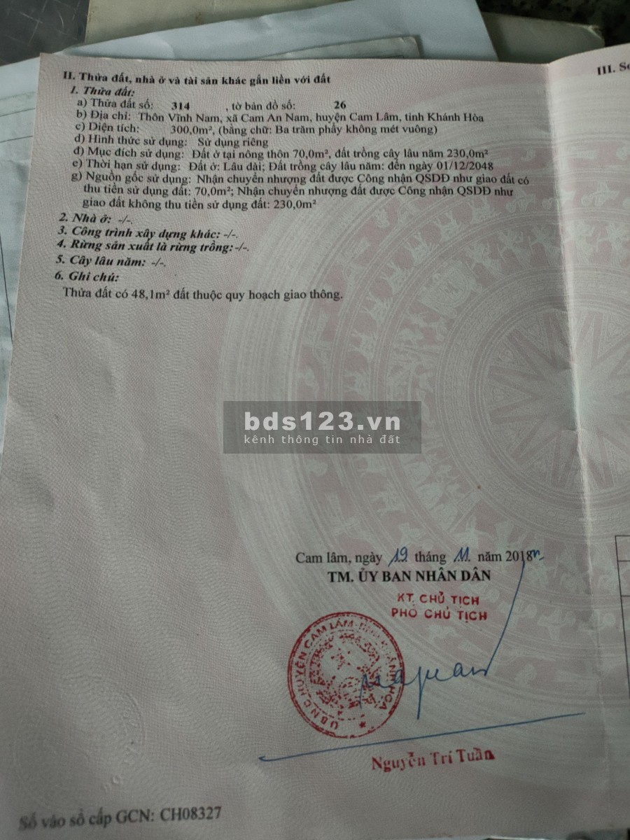 Lập dịnh suối môn có thổ cư giá 4 triệu /m2 liên hệ sang 0355890134