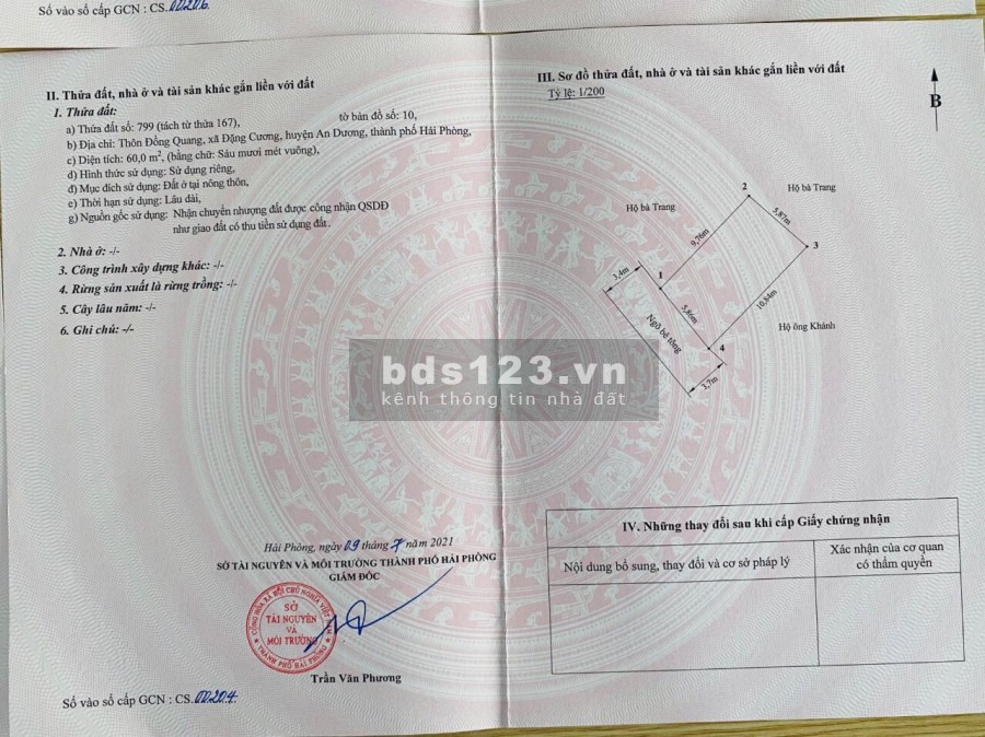 Bán lô đất diện tích 60m2 tại Đồng Quang, Đặng Cương, An Dương giá 780 triệu/tháng
