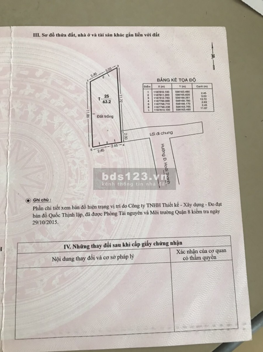 Chính chủ bán đất DT 63m2, 5*13 giá 2,6 tỷ, đang vay bank 2,5 tỷ phường 14, quận 8. Phí dv 30 triệu
