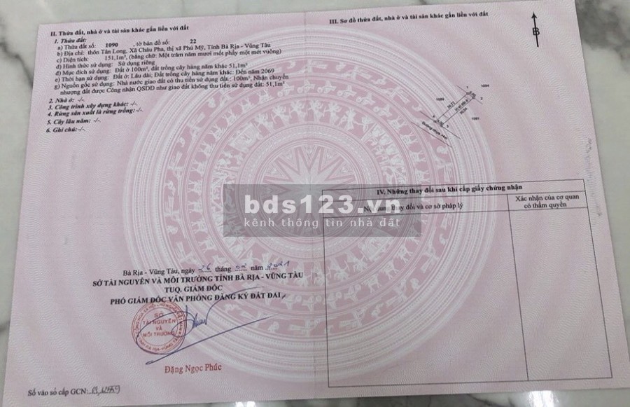 Bán đất xã Châu Pha, phường Phú Mỹ. Diện tích 150m2. Giá bán 10tr/m2. Đất đã có sổ rồi