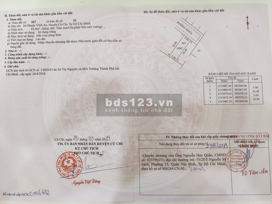 Chính chủ cần bán đất nền thổ cư 100% xã Phước Vĩnh An, Củ Chi, sổ đỏ công chứng ngay