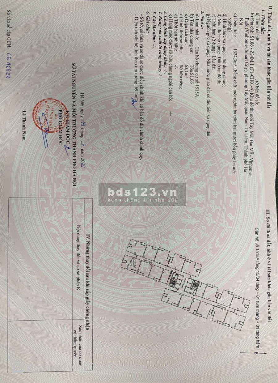 Bán căn 2PN+1 bc ĐN, view nội khu tại Vinhomes Smart City Tây Mỗ cắt lỗ 200 triệu