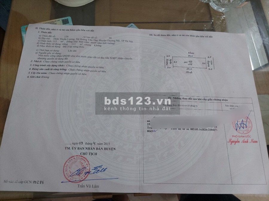 Chính chủ bán lô đất diện tích 115m2 full thổ cư Chương Mỹ pháp lý bàn giao chính chủ