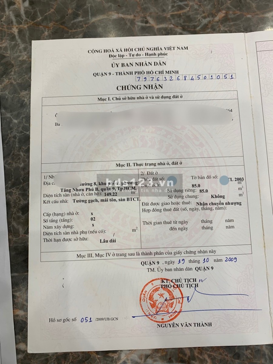 Bán 95m2 đất tặng nhà 1 trệt 1 lầu kiên cố Hoàn công, phường Tăng Nhơn Phú B, giá 5,2 tỷ