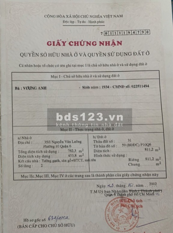 Bán đất đường Nguyễn Văn Luông, Quận 6 giá bán nhanh 55 tỷ liên hệ 0918181892
