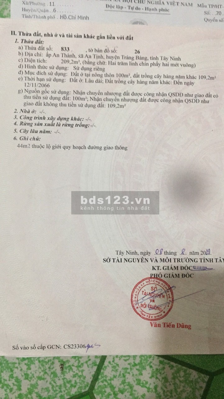 Đất mặt tiền Hương lộ 2 huyện Trảng Bàng Tây Ninh, ngang 7m chính chủ bán gấp