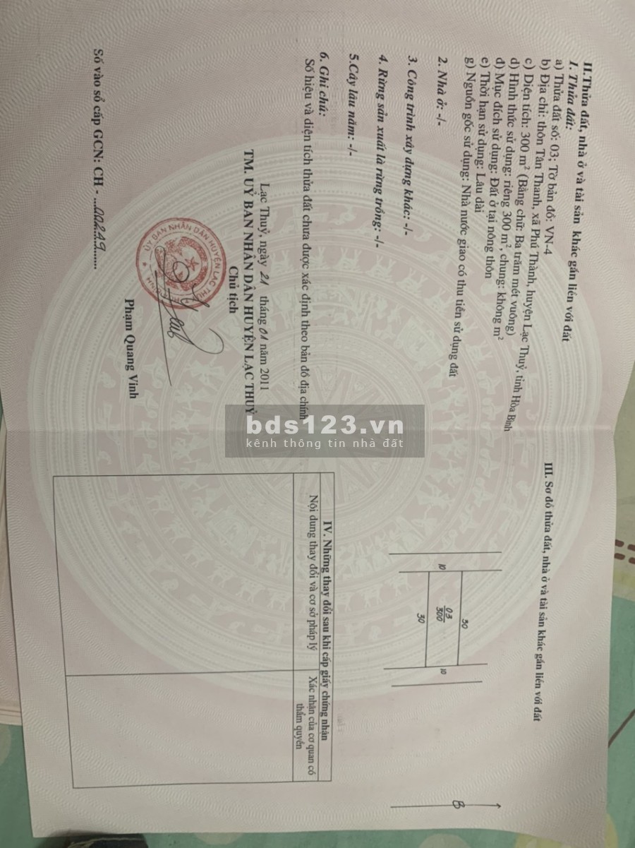 Xã Phú Thành, Lạc Thủy, Hòa Bình diện tích 300m2 giá 7500 Triệu/m2
