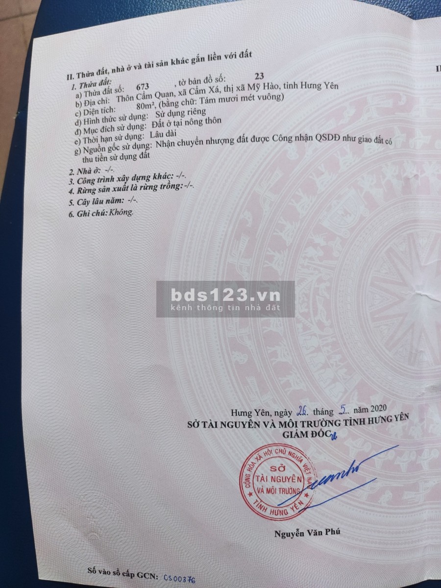 Con trai tôi Cần bán đất tại Cẩm Xá, Mỹ Hào, Hưng Yên diện tích 80m2, có sẵn pháp lý chính chủ