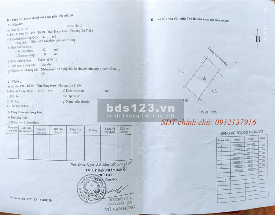 Chính chủ cần bán gấp nhà mặt đường 491 Trần Hưng Đạo giá bán 6.9 tỷ, lh 0912137916