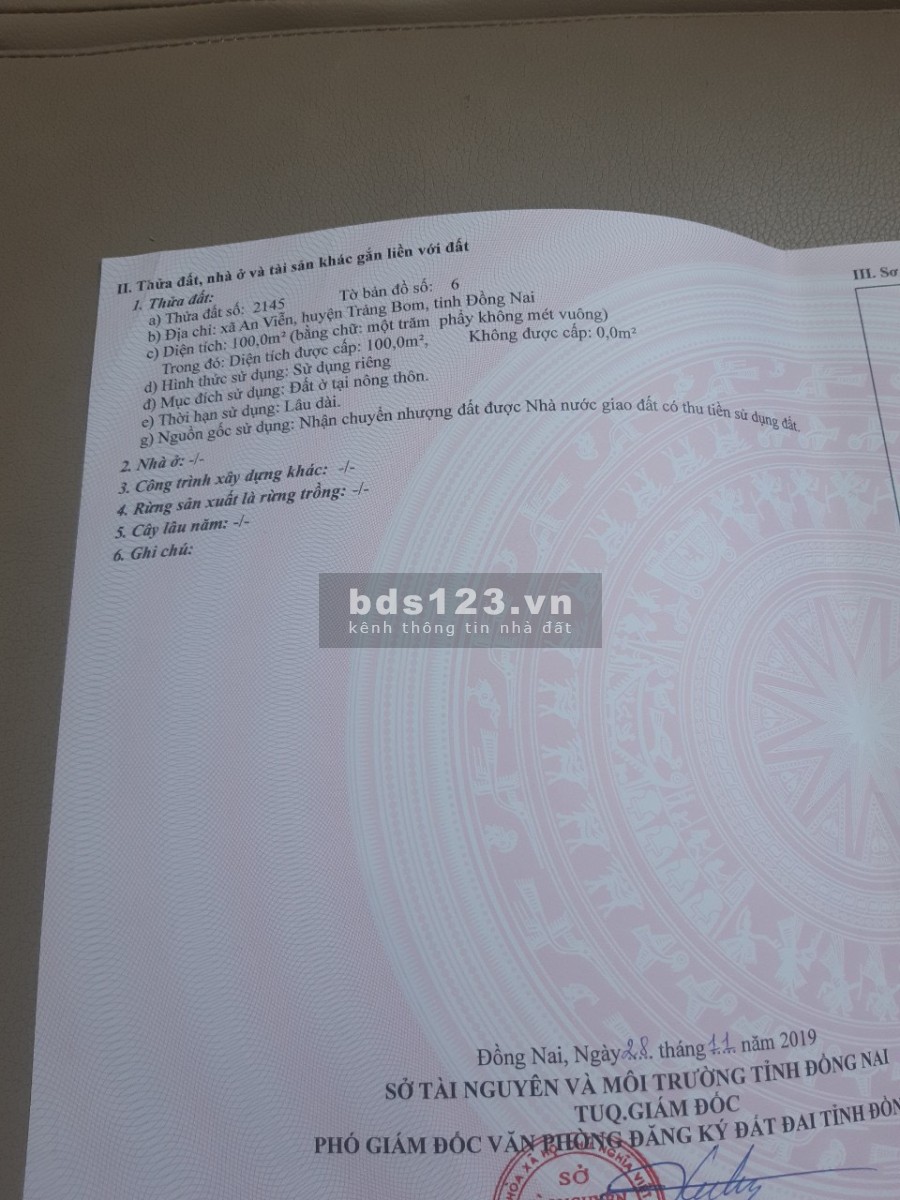 Bán nhanh miếng đất An Viễn Trang Bom giá rẻ 100% thổ cư khu dân cư đông đúc...